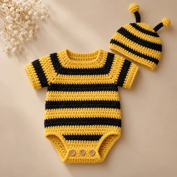 Body de bebê em crochê listrado de amarelo e preto com touca de abelhinha