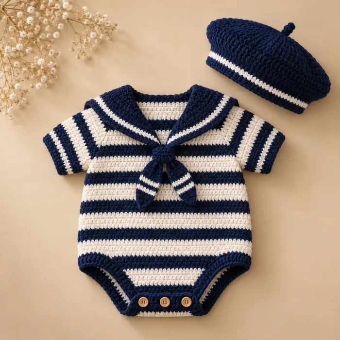 Body de bebê em crochê listrado de azul-marinho e branco com golinha e boina de marinheiro