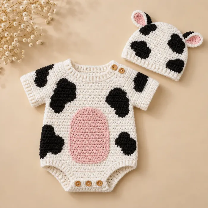 Body de bebê em crochê branco com manchas pretas e touca de vaquinha