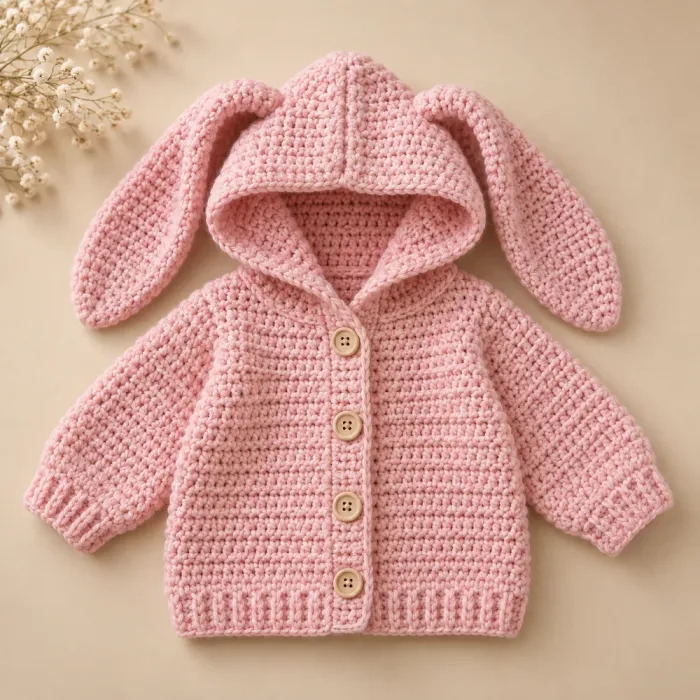 Casaquinho de bebê em crochê rosa com capuz de orelhas de coelhinho