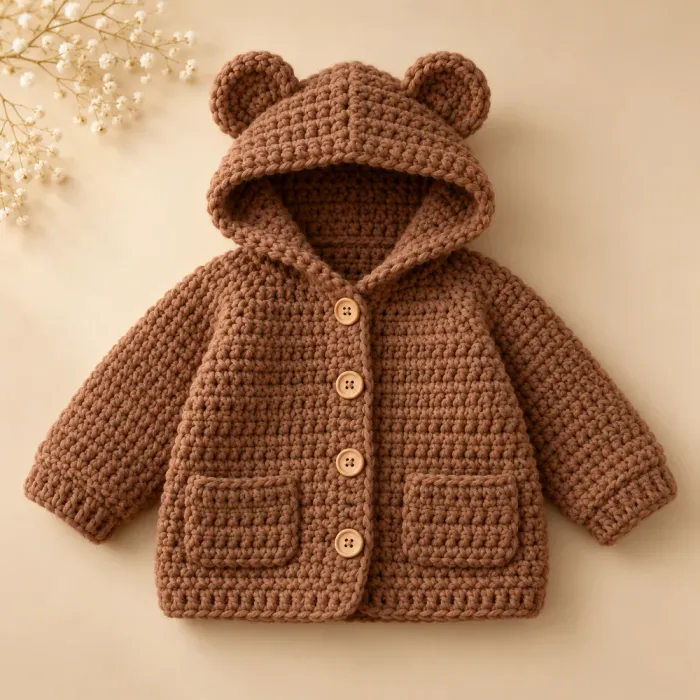 Casaquinho de bebê em crochê marrom com capuz de orelhinhas de urso e bolsinhos