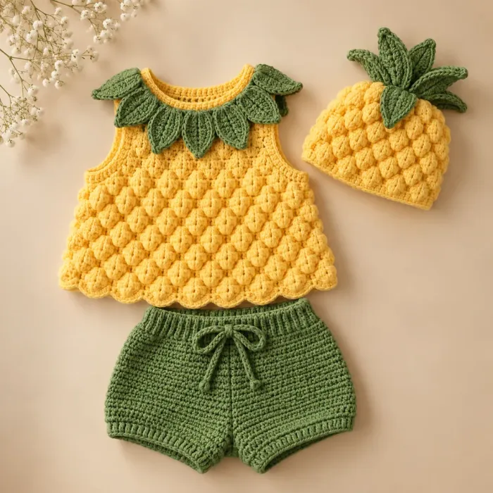 Conjuntinho de bebê em crochê com blusinha de abacaxi, shorts verde e touca de folhas