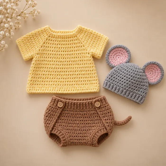 Conjuntinho de bebê em crochê com blusinha amarela, tapa-fralda com rabinho e touca de ratinho