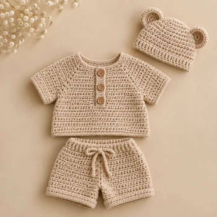 Conjuntinho de bebê em crochê bege com blusinha, shorts e touca de orelhinhas