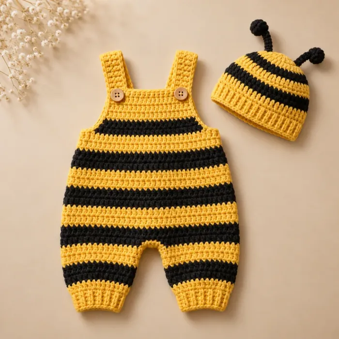 Jardineira de bebê em crochê listrada de amarelo e preto com touca de abelhinha