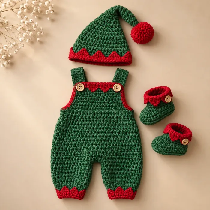 Jardineira de bebê em crochê de duende de Natal com gorro pontudo e sapatinhos