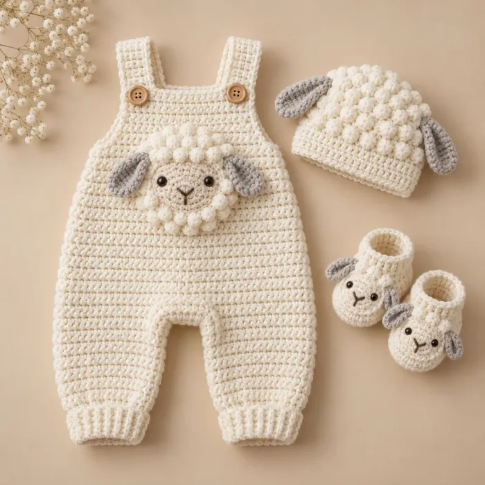 Jardineira de bebê em crochê creme com carinha de ovelhinha, touca e sapatinhos de ovelhinha