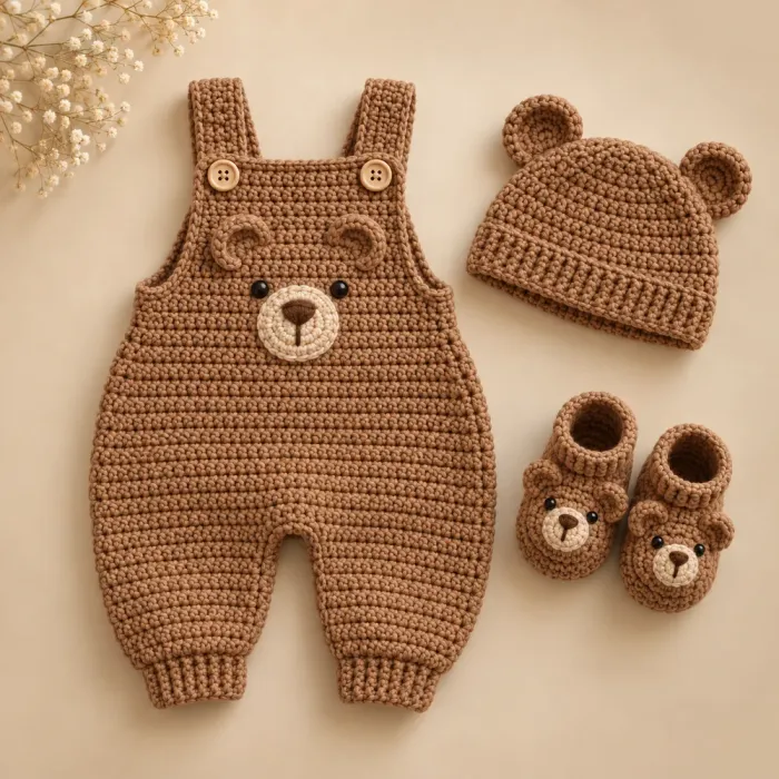 Jardineira de bebê em crochê caramelo com touca de orelhinhas de urso e sapatinhos