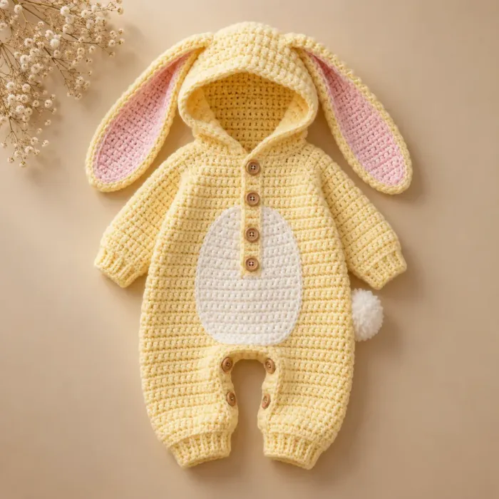 Macacão de bebê em crochê amarelo-claro com capuz de coelhinho, barriguinha branca e rabinho de pompom