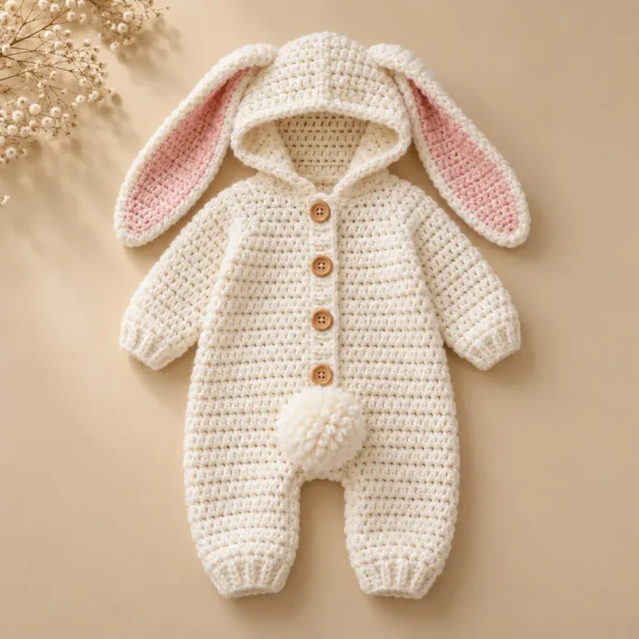 Macacão de bebê em crochê branco com capuz de coelhinho de orelhas compridas e rabinho de pompom