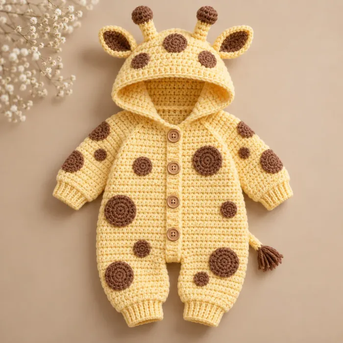 Macacão de bebê em crochê amarelo-claro com manchas marrons e capuz de girafinha