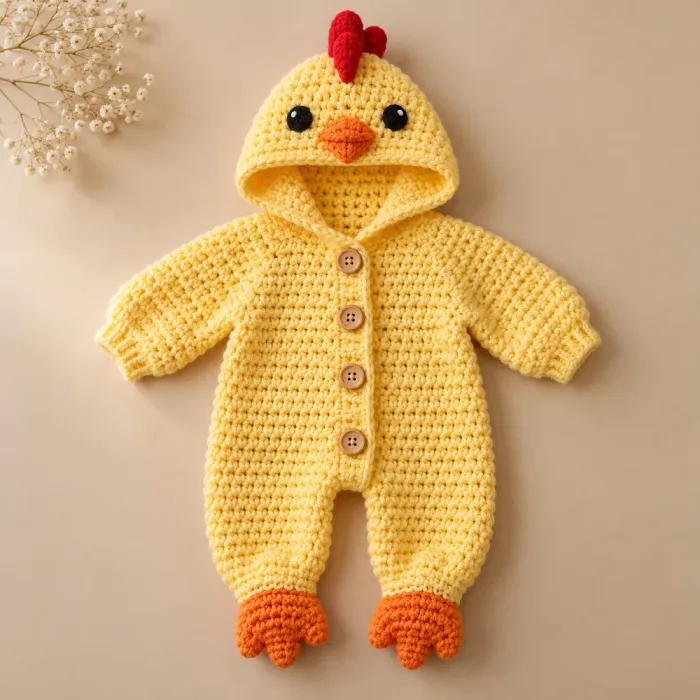 Macacão de bebê em crochê amarelo com capuz de pintinho, crista vermelha e botões de madeira