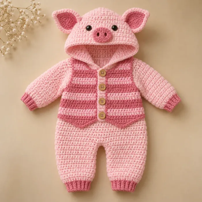 Macacão de bebê em crochê rosa com capuz de porquinho e frente listrada