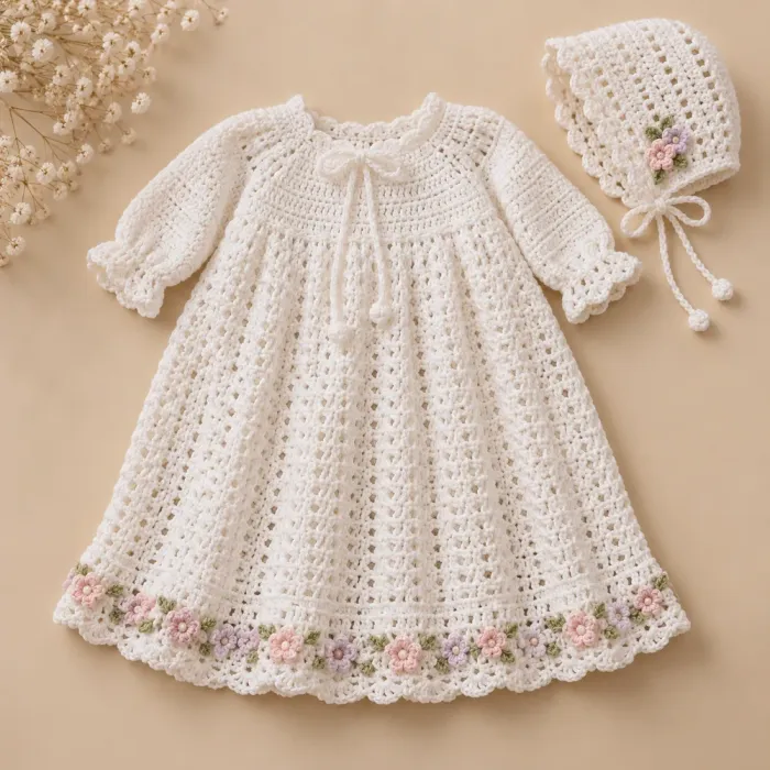 Pagão de bebê em crochê branco com barrado de florzinhas bordadas e touquinha