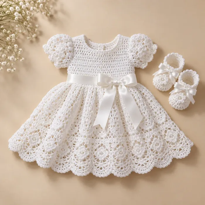 Vestidinho de batizado em crochê branco com saia rendada, laço e sapatinhos