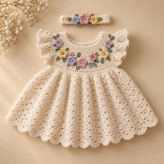 Vestidinho de bebê em crochê creme com florzinhas coloridas e faixa de cabelo