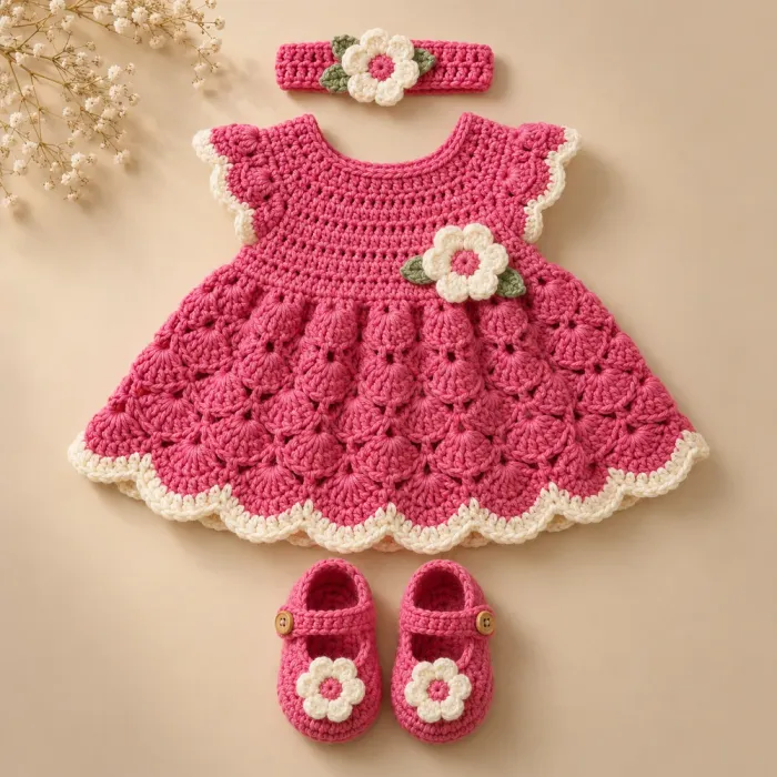 Vestidinho de bebê em crochê rosa com flor aplicada, faixa de cabelo e sapatinhos