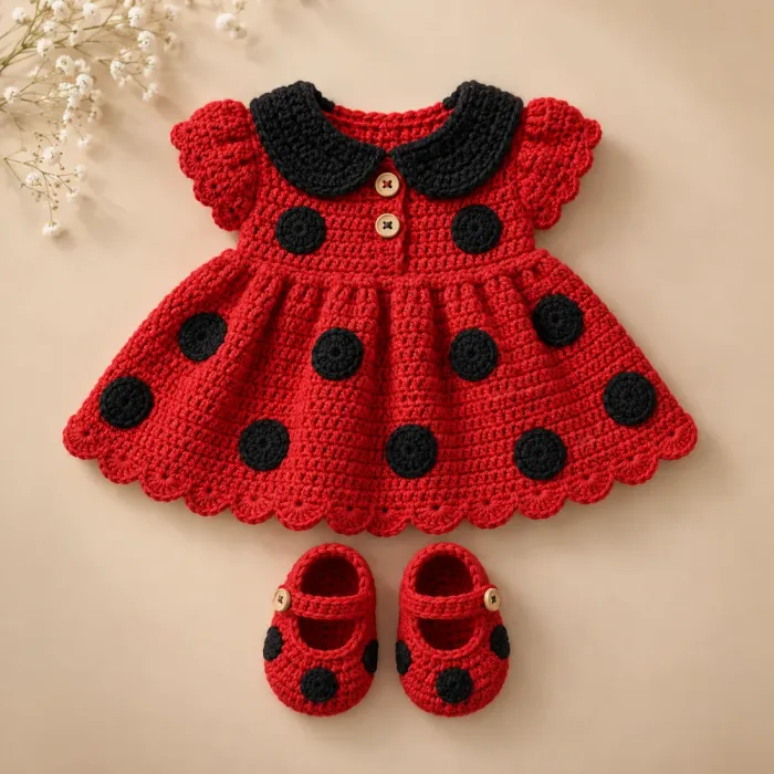 Vestidinho de bebê em crochê vermelho com bolinhas pretas e sapatinhos