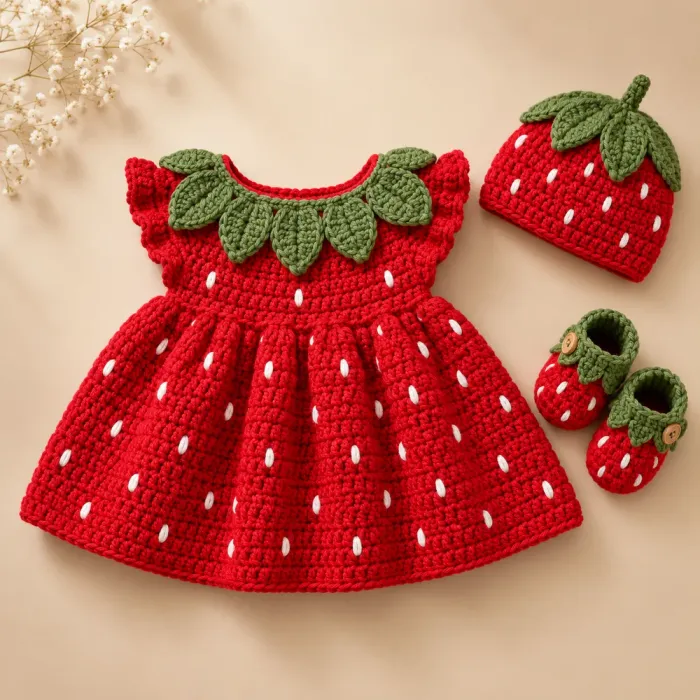 Vestidinho de bebê em crochê de morango com gola de folhas e touca