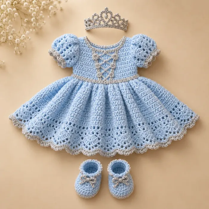 Vestidinho de princesa em crochê azul-claro com tiara e sapatinhos