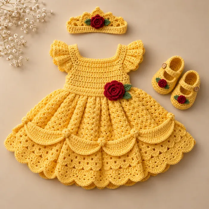 Vestidinho de princesa em crochê amarelo-dourado com rosa vermelha e sapatinhos
