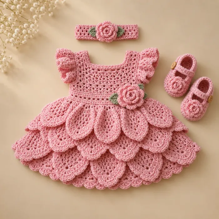 Vestidinho de princesa em crochê rosa com saia de pétalas, rosa aplicada e sapatinhos