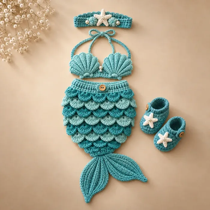 Conjunto de sereia em crochê para bebê, com top de conchinhas, saia de escamas e sapatinhos