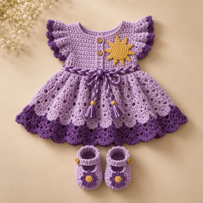 Vestidinho de bebê em crochê lilás com sol aplicado, cinto trançado e sapatinhos