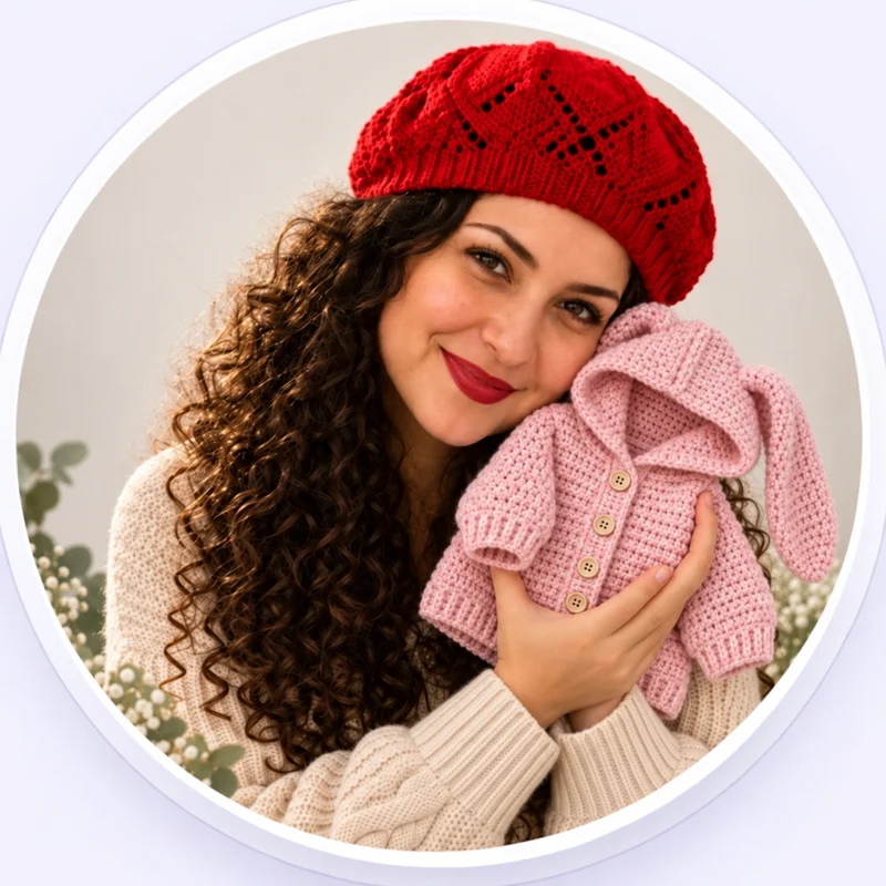 Maria Dornel sorrindo e segurando junto ao rosto um casaquinho de bebê em crochê rosa com capuz de orelhinhas de coelho