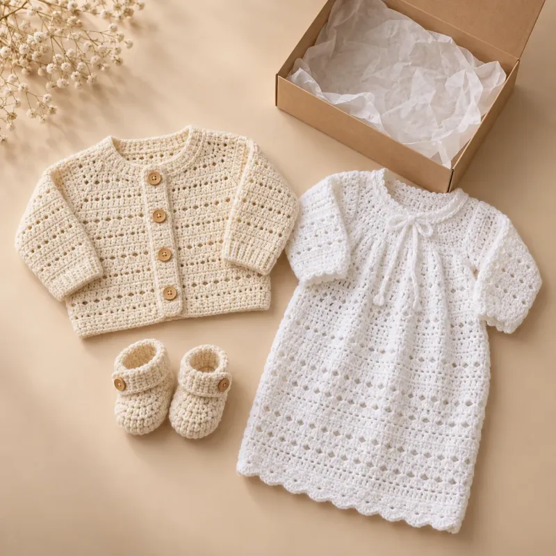 Kit presente de bebê em crochê com casaquinho, pagão e sapatinho combinando